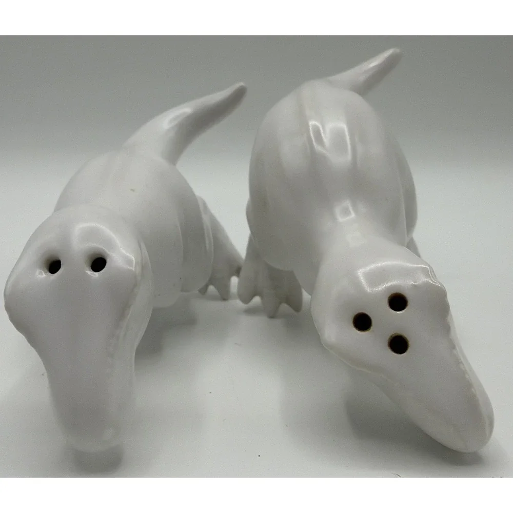 Target T-Rex Dinosaur White Ceramic Salt & Pepper Shakers Gold Bow Ties Retired.
